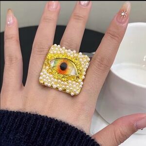 Schiaparelli Inspired Unique Eye Design Pearl adjustable Ring